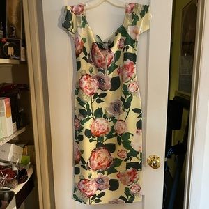 ASOS Yellow Rose print neoprene cap sleeve pencil dress